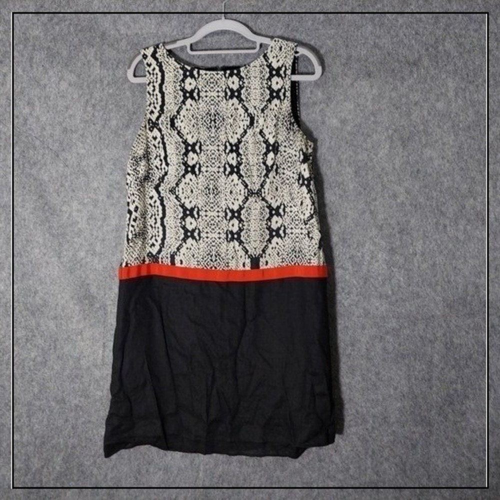 Loft Women 100% Linen Dress 8 Black Red Shift Sleeveless Snakeskin Minimalist